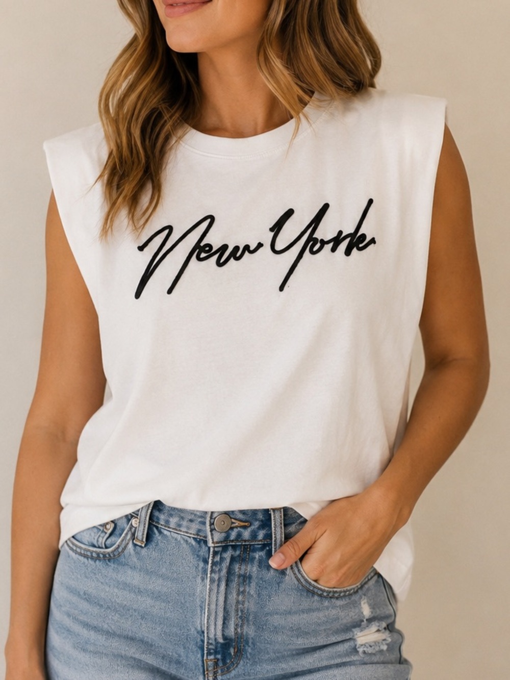 Zara New York Embroidered Muscle Tee White Padded Shoulder Sleeveless Top S